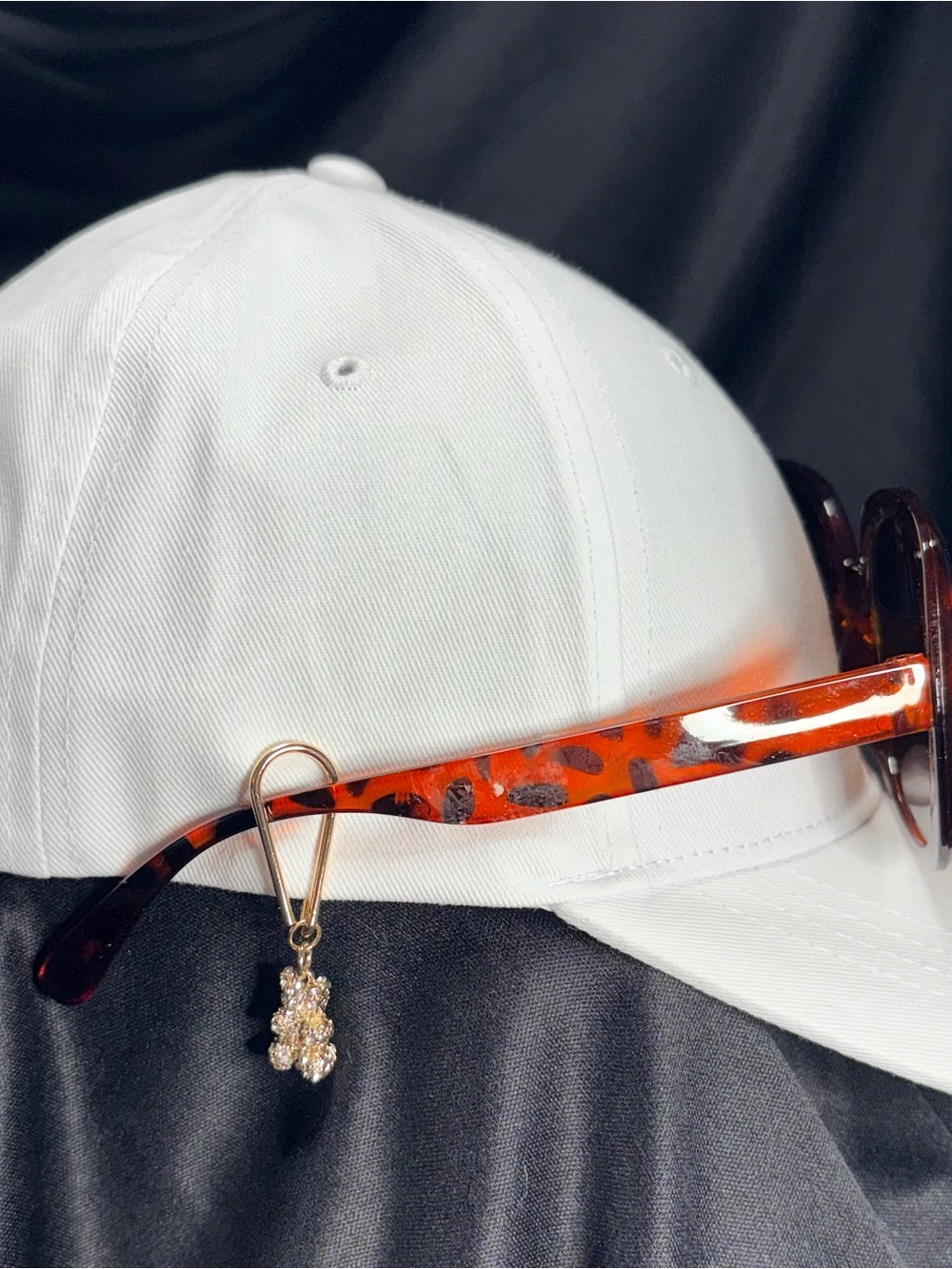 Sunglasses Holder for Baseball Hat
With Rhinestone Teddy Bear Gold Charm Accent